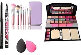 NewClick Fashion 6155 Multicolour Makeup Kit with 7 Pcs Pink Makeup Brushes 36H Eyeliner Kajal Pencil and 2 Multicolor Makeup Sponges - (Pack of 12)