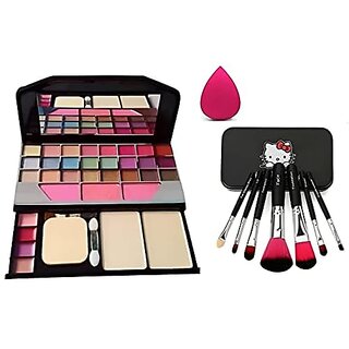 NewClick Fashion 6155 Multicolour Makeup Kit with 7Pcs Black Makeup Brushes with 1 Pink Beauty Blender - (Pack of 9)
