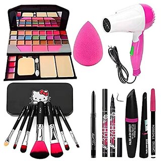 NewClick Fashion 6155 Multicolour Makeup Kit with 7 Black Makeup Brushes Hair Dryer 36HKajal 3in1 EyelinerMascaraEyebow Pencil and Beauty Blender - (Pack of 15)
