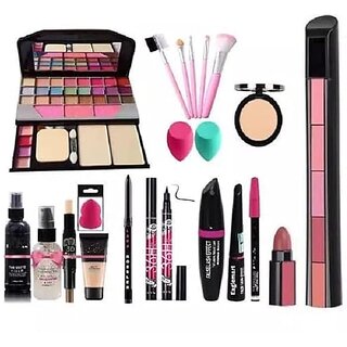NewClick 6155 Makeup Kit - 5 Pink Brushes 3in1 Combo 36H Eyeliner Kajal Compact Lipstick Fixer Primer Contour Foundation 3 Makeup Puffs (Pack of 20)