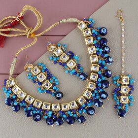 LUCKY JEWELLERY Back Meenakari Gold Plated Blue Color Tika, Earring Kundan Choker Necklace Set (990-J5SK-1664-EE)