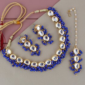 LUCKY JEWELLERY Back Meenakari Gold Plated Blue Color Tika, Earring Kundan Choker Necklace Set (796-J5SK-1811-B)