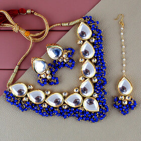 LUCKY JEWELLERY Back Meenakari Gold Plated Blue Color Tika, Earring Kundan Choker Necklace Set (1122-J5SK-1698-B)