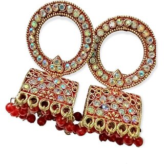                       Charming Red Box Crystal Brass Jhumki Earring                                              