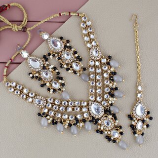 Lucky Jewellery Gold Plated White Grey Color Tika Earring Necklace Combo Kundan Jewellery Set (726-MSK-3-LINE-GR) Lucky Jewellery Gold Plated White Grey Color Tika Earring Necklace Combo Kundan Jewellery Set (726-MSK-3-LINE-GR)