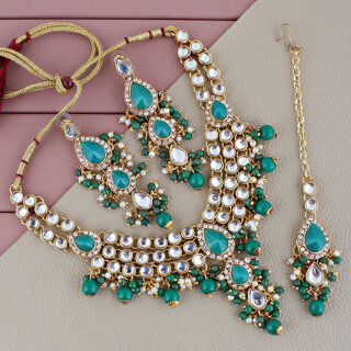                       Lucky Jewellery Gold Plated White Light Green Color Tika Earring Necklace Combo Kundan Jewellery Set (726-MSK-3-LINE-LG)                                              