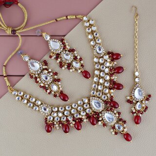                       Lucky Jewellery Gold Plated White Maroon Color Tika Earring Necklace Combo Kundan Jewellery Set (726-MSK-3-LINE-M)                                              