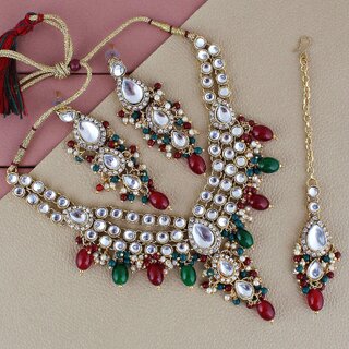                       Lucky Jewellery Gold Plated Maroon Green Tika Earring Necklace Combo Kundan Jewellery Set (726-MSK-3-LINE-MG)                                              