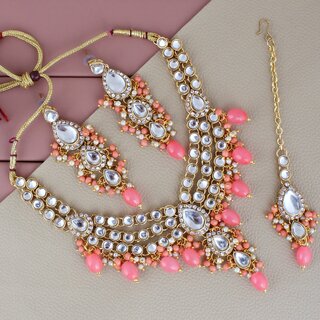                       Lucky Jewellery Gold Plated White Peach Color Tika Earring Necklace Combo Kundan Jewellery Set (726-MSK-3-LINE-PH)                                              