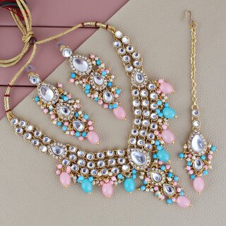                       Lucky Jewellery Gold Plated Pink Firoji Color Tika Earring Necklace Combo Kundan Jewellery Set (726-MSK-3-LINE-PKF)                                              