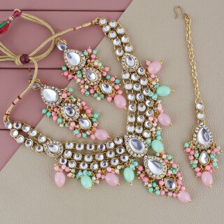 Lucky Jewellery Gold Plated Pink Mint Color Tika Earring Necklace Combo Kundan Jewellery Set (726-MSK-3-LINE-PKMNT) Lucky Jewellery Gold Plated Pink Mint Color Tika Earring Necklace Combo Kundan Jewellery Set (726-MSK-3-LINE-PKMNT)