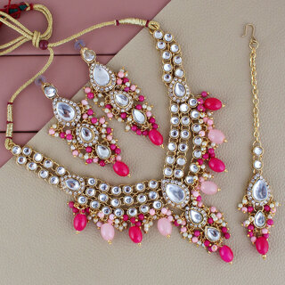                       Lucky Jewellery Gold Plated Magenta Pink Color Tika Earring Necklace Combo Kundan Jewellery Set (726-MSK-3-LINE-PKR)                                              