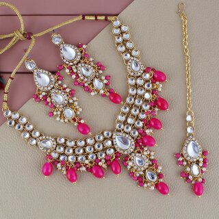 Lucky Jewellery Gold Plated White Magenta Color Tika Earring Necklace Combo Kundan Jewellery Set (726-MSK-3-LINE-R) Lucky Jewellery Gold Plated White Magenta Color Tika Earring Necklace Combo Kundan Jewellery Set (726-MSK-3-LINE-R)