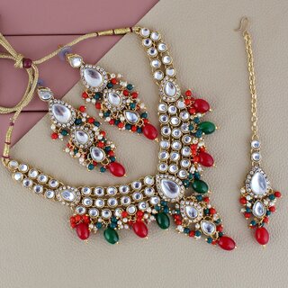 Lucky Jewellery Gold Plated Red Green Color Tika Earring Necklace Combo Kundan Jewellery Set (726-MSK-3-LINE-RED-G) Lucky Jewellery Gold Plated Red Green Color Tika Earring Necklace Combo Kundan Jewellery Set (726-MSK-3-LINE-RED-G)