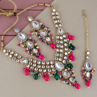 Lucky Jewellery Gold Plated Magenta Green Color Tika Earring Necklace Combo Kundan Jewellery Set (726-MSK-3-LINE-RG) Lucky Jewellery Gold Plated Magenta Green Color Tika Earring Necklace Combo Kundan Jewellery Set (726-MSK-3-LINE-RG)