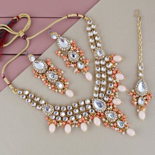                       Lucky Jewellery Gold Plated Light Peach Color Tika Earring Necklace Combo Kundan Jewellery Set (726-MSK-3-LINE-LPH)                                              