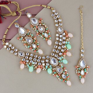 Lucky Jewellery Gold Plated Light Peach Mint Tika Earring Necklace Combo Kundan Jewellery Set (726-MSK-3-LINE-LPHMNT) Lucky Jewellery Gold Plated Light Peach Mint Tika Earring Necklace Combo Kundan Jewellery Set (726-MSK-3-LINE-LPHMNT)