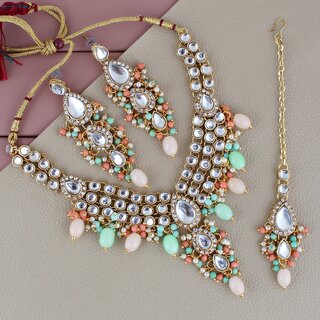                       Lucky Jewellery Gold Plated Light Peach Mint Tika Earring Necklace Combo Kundan Jewellery Set (726-MSK-3-LINE-LPHMNT)                                              