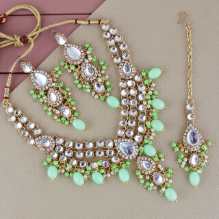 Lucky Jewellery Gold Plated Parrot Green Color Tika Earring Necklace Combo Kundan Jewellery Set (726-MSK-3-LINE-PRT) Lucky Jewellery Gold Plated Parrot Green Color Tika Earring Necklace Combo Kundan Jewellery Set (726-MSK-3-LINE-PRT)