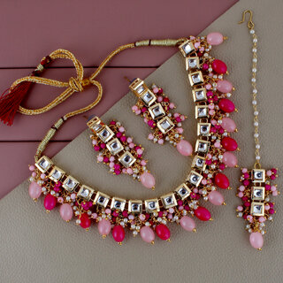                       LUCKY JEWELLERY Back Meenakari Gold Plated Magenta Pink Tika, Earring Kundan Choker Necklace Set (660-J5SK-1664-PKR)                                              