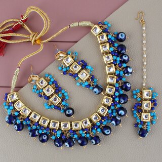 LUCKY JEWELLERY Back Meenakari Gold Plated Blue Color Tika, Earring Kundan Choker Necklace Set (990-J5SK-1664-EE) LUCKY JEWELLERY Back Meenakari Gold Plated Blue Color Tika, Earring Kundan Choker Necklace Set (990-J5SK-1664-EE)