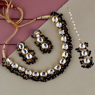 LUCKY JEWELLERY Back Meenakari Gold Plated Black Color Tika, Earring Kundan Choker Necklace Set (796-J5SK-1811-BL) LUCKY JEWELLERY Back Meenakari Gold Plated Black Color Tika, Earring Kundan Choker Necklace Set (796-J5SK-1811-BL)