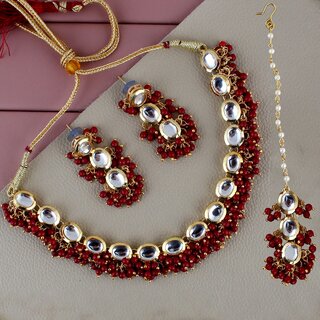 LUCKY JEWELLERY Back Meenakari Gold Plated Maroon Color Tika, Earring Kundan Choker Necklace Set (796-J5SK-1811-M) LUCKY JEWELLERY Back Meenakari Gold Plated Maroon Color Tika, Earring Kundan Choker Necklace Set (796-J5SK-1811-M)