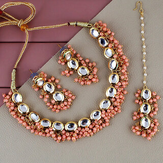                       LUCKY JEWELLERY Back Meenakari Gold Plated Peach Color Tika, Earring Kundan Choker Necklace Set (796-J5SK-1811-PH)                                              