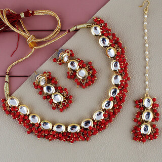                      LUCKY JEWELLERY Back Meenakari Gold Plated Red Color Tika, Earring Kundan Choker Necklace Set (796-J5SK-1811-RED)                                              