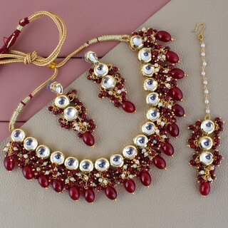 LUCKY JEWELLERY Back Meenakari Gold Plated Maroon Color Tika, Earring Kundan Choker Necklace Set (926-J5SK-1810-M) LUCKY JEWELLERY Back Meenakari Gold Plated Maroon Color Tika, Earring Kundan Choker Necklace Set (926-J5SK-1810-M)