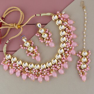                       LUCKY JEWELLERY Back Meenakari Gold Plated Pink Color Tika, Earring Kundan Choker Necklace Set (926-J5SK-1810-PK)                                              