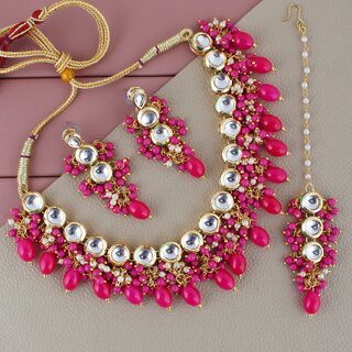 LUCKY JEWELLERY Back Meenakari Gold Plated Magenta Color Tika, Earring Kundan Choker Necklace Set (926-J5SK-1810-R) LUCKY JEWELLERY Back Meenakari Gold Plated Magenta Color Tika, Earring Kundan Choker Necklace Set (926-J5SK-1810-R)