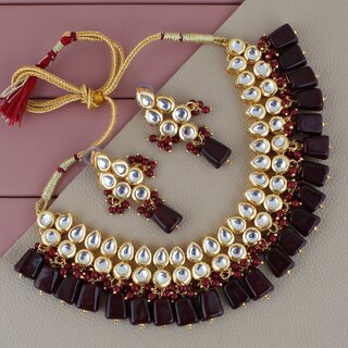 LUCKY JEWELLERY Back Meenakari Gold Plated Maroon Color Earring Kundan Choker Necklace Set (974-J5SK-1782-M) LUCKY JEWELLERY Back Meenakari Gold Plated Maroon Color Earring Kundan Choker Necklace Set (974-J5SK-1782-M)