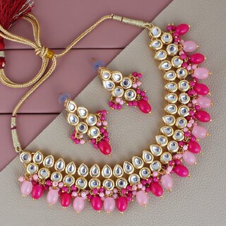 LUCKY JEWELLERY Back Meenakari Gold Plated Magenta Pink Tika, Earring Kundan Choker Necklace Set (974-J5SK-1782-PKR) LUCKY JEWELLERY Back Meenakari Gold Plated Magenta Pink Tika, Earring Kundan Choker Necklace Set (974-J5SK-1782-PKR)