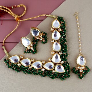 LUCKY JEWELLERY Back Meenakari Gold Plated Green Color Tika, Earring Kundan Choker Necklace Set (1122-J5SK-1698-G) LUCKY JEWELLERY Back Meenakari Gold Plated Green Color Tika, Earring Kundan Choker Necklace Set (1122-J5SK-1698-G)