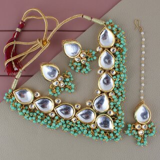                       LUCKY JEWELLERY Back Meenakari Gold Plated Mint Color Tika, Earring Kundan Choker Necklace Set (1122-J5SK-1698-MNT)                                              