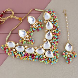 LUCKY JEWELLERY Back Meenakari Gold Plated Multi Color Tika, Earring Kundan Choker Necklace Set (1122-J5SK-1698-MT) LUCKY JEWELLERY Back Meenakari Gold Plated Multi Color Tika, Earring Kundan Choker Necklace Set (1122-J5SK-1698-MT)
