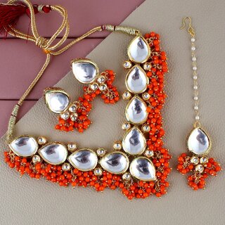                       LUCKY JEWELLERY Back Meenakari Gold Plated Orange Color Tika, Earring Kundan Choker Necklace Set (1122-J5SK-1698-O)                                              