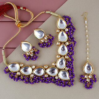                       LUCKY JEWELLERY Back Meenakari Gold Plated Purple Color Tika, Earring Kundan Choker Necklace Set (1122-J5SK-1698-P)                                              