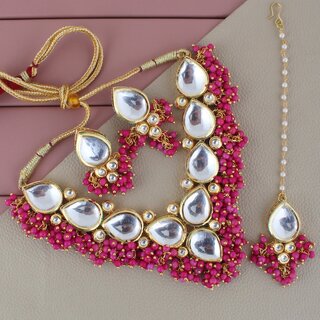 LUCKY JEWELLERY Back Meenakari Gold Plated Magenta Color Tika, Earring Kundan Choker Necklace Set (1122-J5SK-1698-R) LUCKY JEWELLERY Back Meenakari Gold Plated Magenta Color Tika, Earring Kundan Choker Necklace Set (1122-J5SK-1698-R)