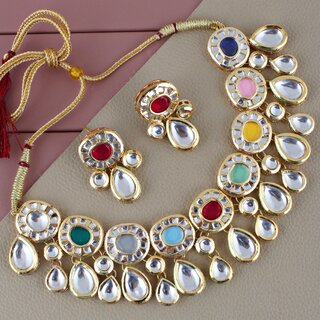                       LUCKY JEWELLERY Back Meenakari Gold Plated Multi Color Earring Kundan Choker Necklace Set (1403-J5SK-1836-MT)                                              