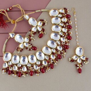 LUCKY JEWELLERY Back Meenakari Gold Plated Maroon Color Tika, Earring Kundan Choker Necklace Set (1425-J5SK-1631-M) LUCKY JEWELLERY Back Meenakari Gold Plated Maroon Color Tika, Earring Kundan Choker Necklace Set (1425-J5SK-1631-M)