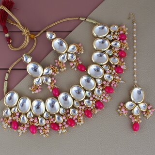                       LUCKY JEWELLERY Back Meenakari Gold Plated Magenta Pink Tika, Earring Kundan Choker Necklace Set (1425-J5SK-1631-PKR)                                              