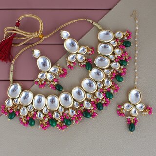                       LUCKY JEWELLERY Back Meenakari Gold Plated Magenta Green Tika, Earring Kundan Choker Necklace Set (1425-J5SK-1631-RG)                                              