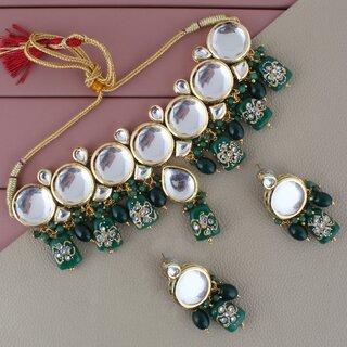 LUCKY JEWELLERY Back Meenakari Gold Plated Green Color Tika, Earring Kundan Choker Necklace Set (1565-J5SK-1630-G) LUCKY JEWELLERY Back Meenakari Gold Plated Green Color Tika, Earring Kundan Choker Necklace Set (1565-J5SK-1630-G)