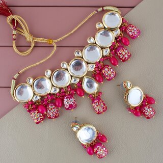                       LUCKY JEWELLERY Back Meenakari Gold Plated Magenta Color Tika, Earring Kundan Choker Necklace Set (1565-J5SK-1630-R)                                              