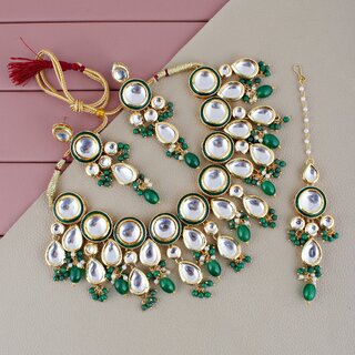 LUCKY JEWELLERY Back Meenakari Gold Plated Green Color Tika, Earring Kundan Choker Necklace Set (1700-J5SK-1839-G) LUCKY JEWELLERY Back Meenakari Gold Plated Green Color Tika, Earring Kundan Choker Necklace Set (1700-J5SK-1839-G)