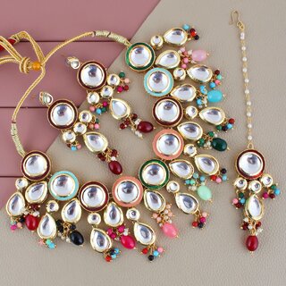 LUCKY JEWELLERY Back Meenakari Gold Plated Multi Color Tika, Earring Kundan Choker Necklace Set (1700-J5SK-1839-MT) LUCKY JEWELLERY Back Meenakari Gold Plated Multi Color Tika, Earring Kundan Choker Necklace Set (1700-J5SK-1839-MT)