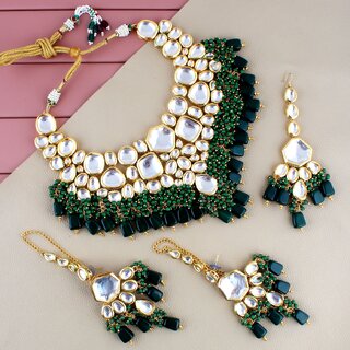LUCKY JEWELLERY Back Meenakari Gold Plated Green Color Tika, Earring Kundan Choker Necklace Set (5910-M4SK-1574-G) LUCKY JEWELLERY Back Meenakari Gold Plated Green Color Tika, Earring Kundan Choker Necklace Set (5910-M4SK-1574-G)