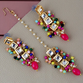 LUCKY JEWELLERY Designer Back Meena Gold Plated Kundan Multicolor Tika Earring Set for Girls  women (293-J5E2K-1664-MT)